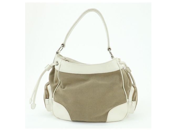 Borsa a spalla PRADA in nylon jacquard con logo triangolare e pelle Beige Ivory - vista 2