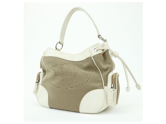 Borsa a spalla PRADA in nylon jacquard con logo triangolare e pelle Beige Ivory - vista 3