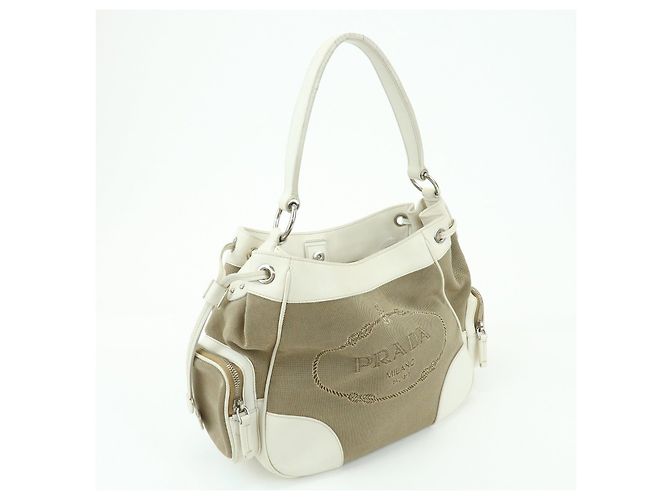 Borsa a spalla PRADA in nylon jacquard con logo triangolare e pelle Beige Ivory - vista 4