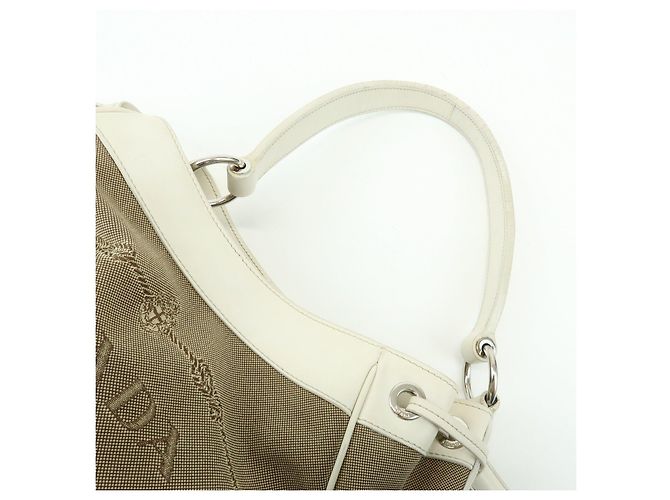 Borsa a spalla PRADA in nylon jacquard con logo triangolare e pelle Beige Ivory - vista 6