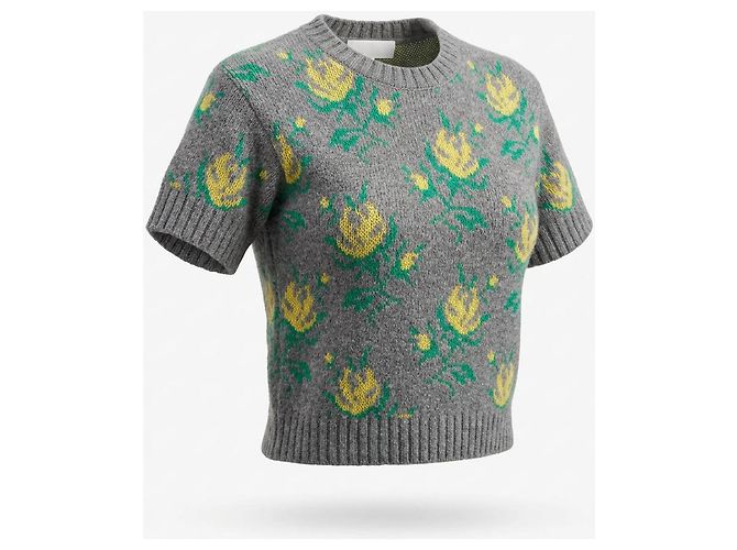 RED Valentino Grauer Strickpullover mit Blumenmuster und kurzen Ärmeln – Größe S - Ansicht 2