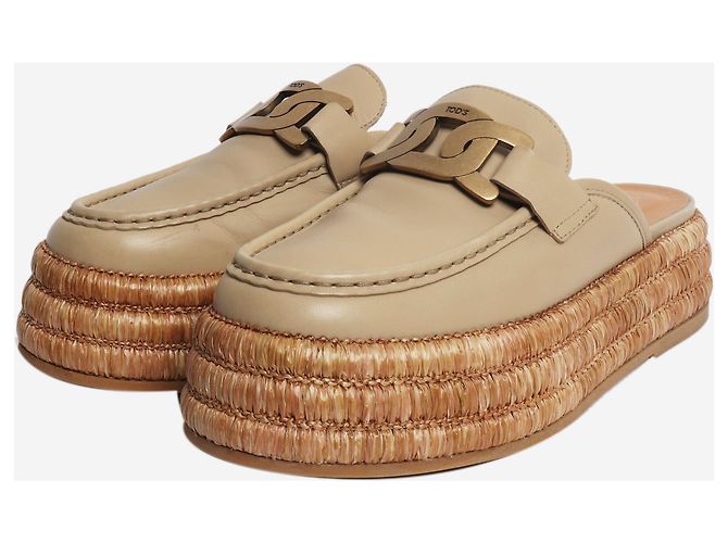 Tod's Beige Kate leather and raffia platform mules - size EU 39 - view 2