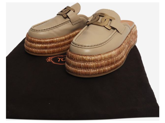 Tod's Beige Kate leather and raffia platform mules - size EU 39 - view 7