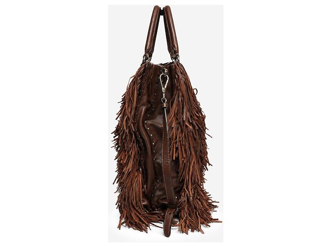 Prada Borsa tote in pelle marrone con frange - vista 2