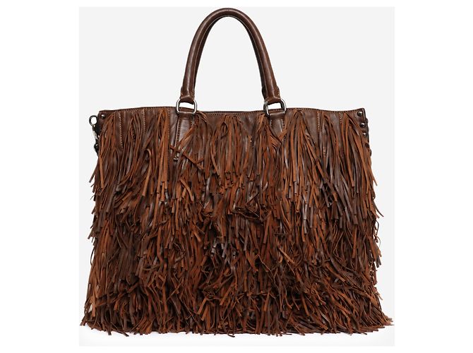 Prada Borsa tote in pelle marrone con frange - vista 3