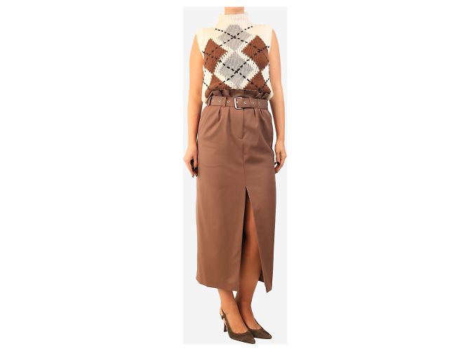 Dries Van Noten Falda midi de lana marrón con cinturón - talla UK 8 - vista 2
