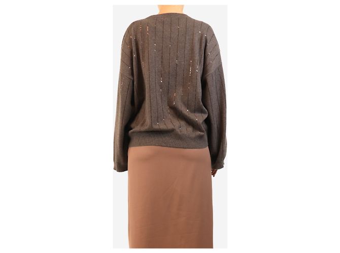 Brunello Cucinelli Brauner Pullover mit Paillettenstreifen - Größe M - Ansicht 2