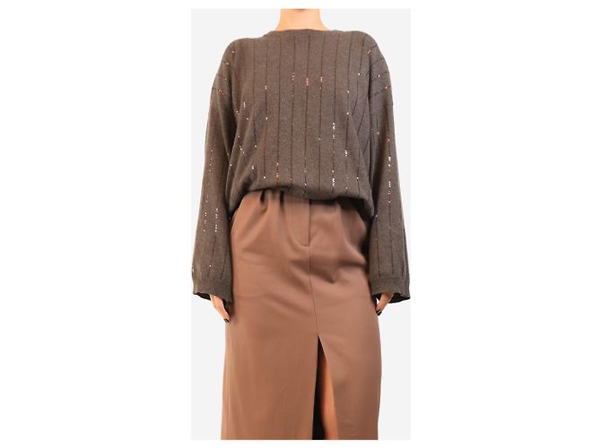 Brunello Cucinelli Brauner Pullover mit Paillettenstreifen - Größe M - Ansicht 3