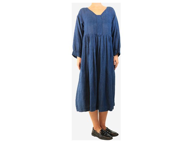 Autre Marque Marineblau gestreiftes Leinen-Midikleid - Größe S - Ansicht 3