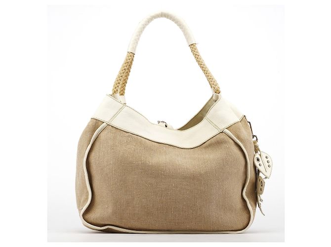 Miu Miu Borsa a tracolla in tela beige con applicazioni floreali - vista 3
