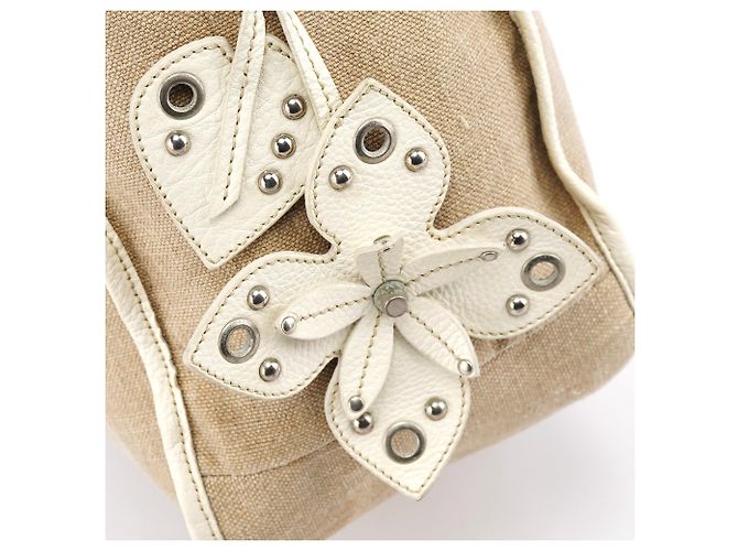 Miu Miu Borsa a tracolla in tela beige con applicazioni floreali - vista 5