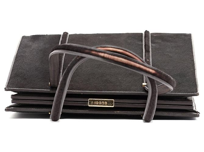 Gucci Borsa Tote in pelle e pony hair marrone scuro - vista 4