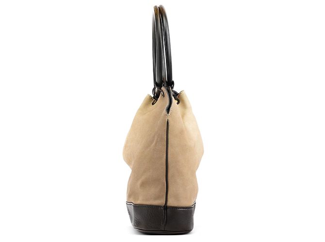 Gucci 106294 Borsa a secchiello in camoscio beige con manico in legno - vista 2