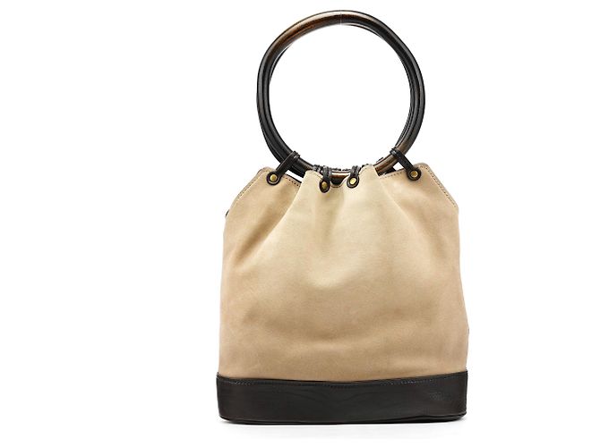 Gucci 106294 Borsa a secchiello in camoscio beige con manico in legno - vista 3