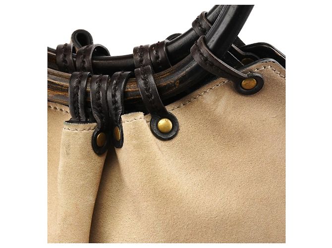 Gucci 106294 Borsa a secchiello in camoscio beige con manico in legno - vista 7