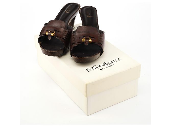 Yves Saint Laurent Mules Muse de piel marrón con tacón de madera EU 38 - vista 8