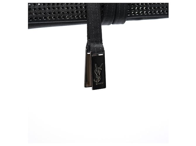 Yves Saint Laurent Grande pochette in raso nero con cristalli e strass - vista 3