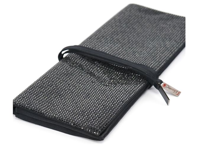 Yves Saint Laurent Grande pochette in raso nero con cristalli e strass - vista 5