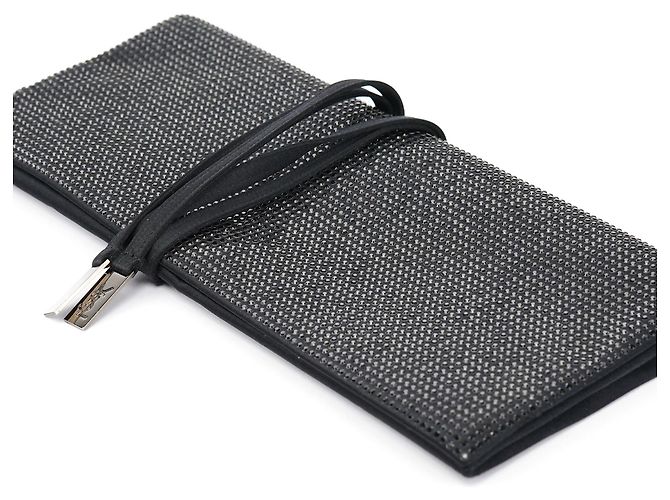 Yves Saint Laurent Grande pochette in raso nero con cristalli e strass - vista 6