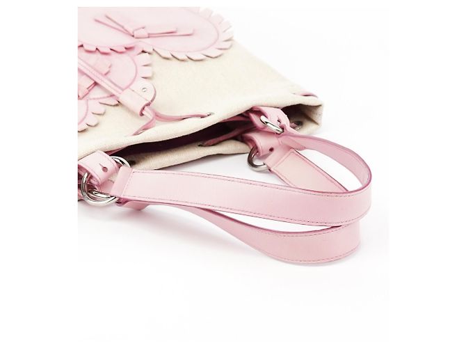 Yves Saint Laurent Borsa Tote YSL in tela beige e pelle rosa - vista 10