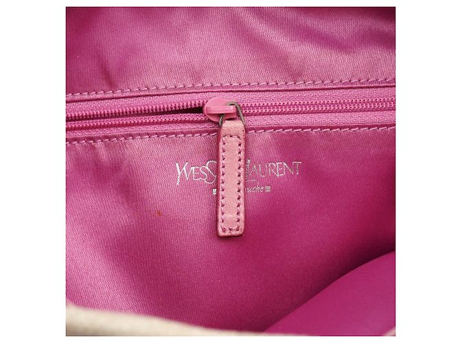 Yves Saint Laurent Borsa Tote YSL in tela beige e pelle rosa - vista 13