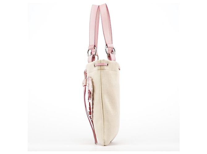Yves Saint Laurent Borsa Tote YSL in tela beige e pelle rosa - vista 2