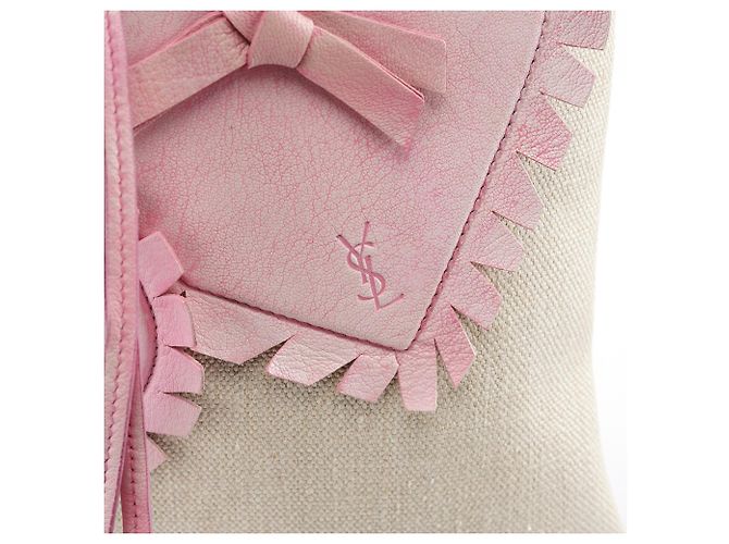 Yves Saint Laurent Borsa Tote YSL in tela beige e pelle rosa - vista 5