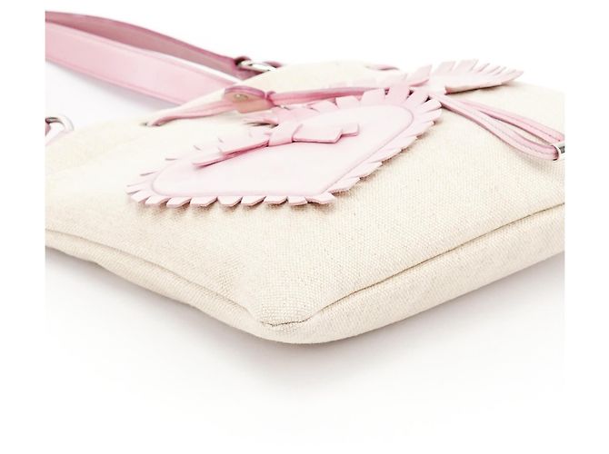 Yves Saint Laurent Borsa Tote YSL in tela beige e pelle rosa - vista 8