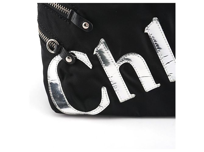 Chloé Borsa Tote in nylon nero con logo argento - vista 5