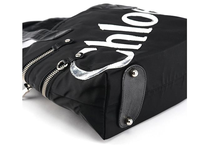 Chloé Borsa Tote in nylon nero con logo argento - vista 8