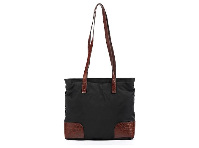 Prada Borsa Tote in Nylon Nero e Marrone Effetto Coccodrillo - vista 3