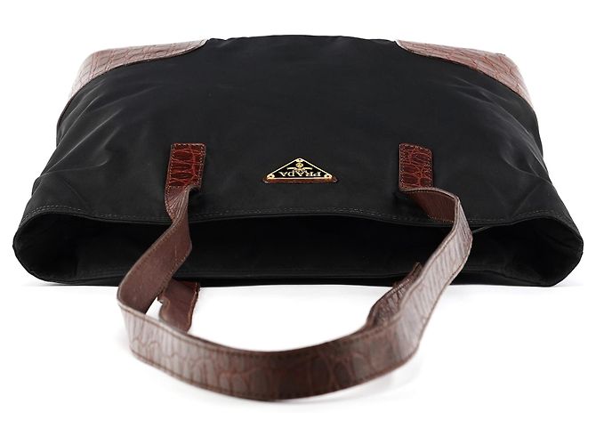 Prada Borsa Tote in Nylon Nero e Marrone Effetto Coccodrillo - vista 4