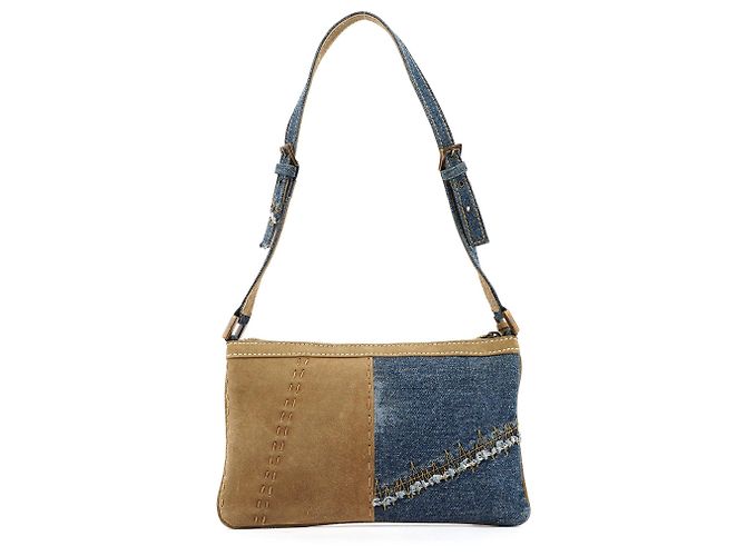 Dolce & Gabbana Borsa a spalla patchwork in denim e camoscio blu e beige Primavera 2002 - vista 3