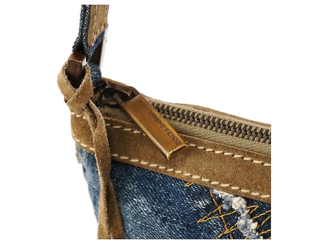Dolce & Gabbana Borsa a spalla patchwork in denim e camoscio blu e beige Primavera 2002 - vista 6