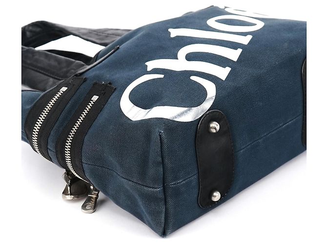 Chloé Borsa Tote in Tela Navy con Logo Argento - vista 11
