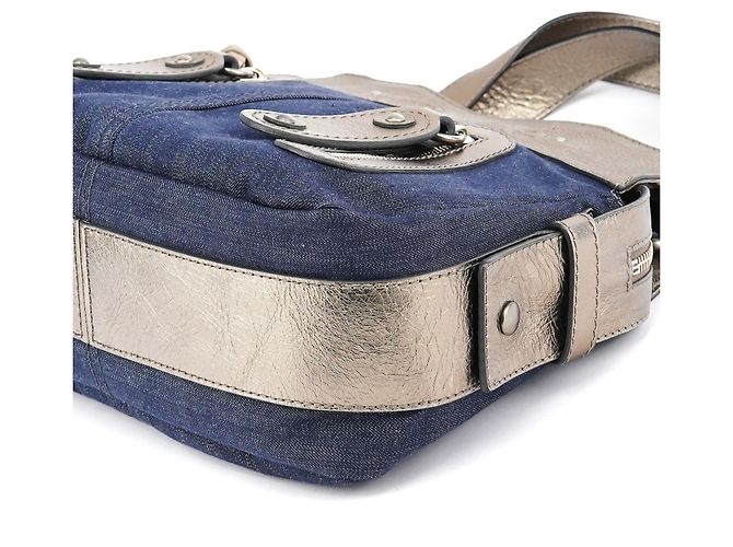 Chloé Borsa Tote in denim blu navy e pelle argentata con logo - vista 10