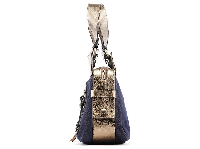 Chloé Borsa Tote in denim blu navy e pelle argentata con logo - vista 2