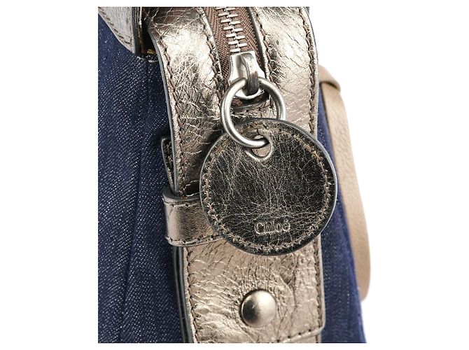Chloé Borsa Tote in denim blu navy e pelle argentata con logo - vista 8