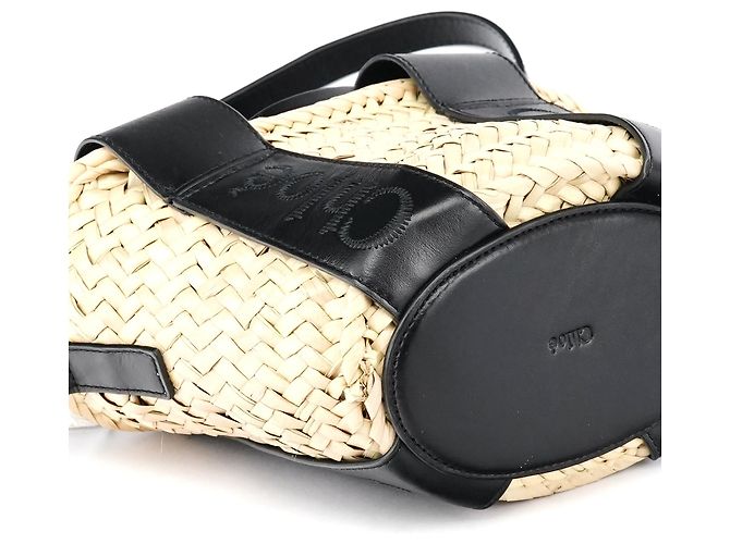 Chloé Borsa Cesto 2-Way in Raffia Beige e Nero - vista 11