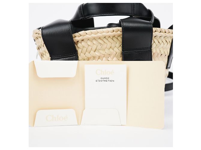 Chloé Borsa Cesto 2-Way in Raffia Beige e Nero - vista 13
