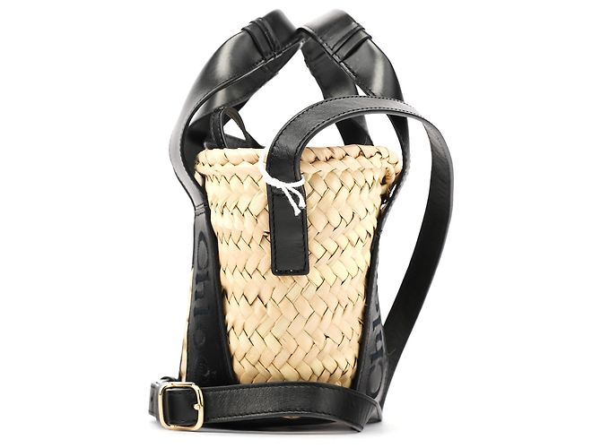 Chloé Borsa Cesto 2-Way in Raffia Beige e Nero - vista 2
