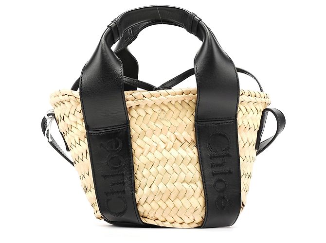 Chloé Borsa Cesto 2-Way in Raffia Beige e Nero - vista 3