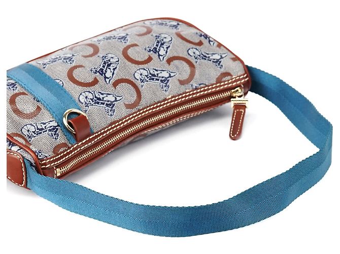 Céline Mini borsa hobo in tela rivestita beige e blu - vista 10