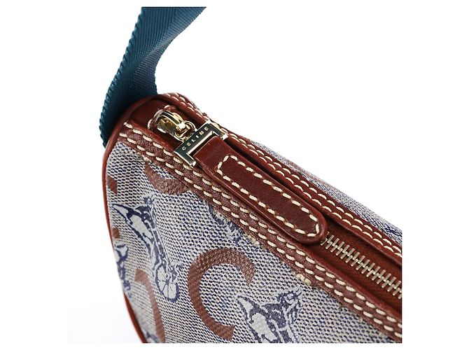 Céline Mini borsa hobo in tela rivestita beige e blu - vista 6