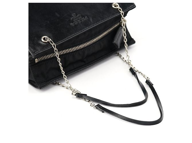 Prada Borsa Tote in nylon e pelle di vitello nera con catena - vista 11