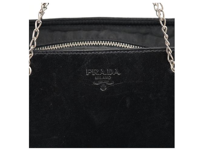 Prada Borsa Tote in nylon e pelle di vitello nera con catena - vista 6