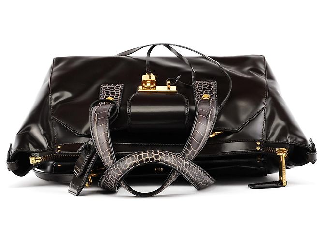 Marc Jacobs Borsa Tote in pelle verniciata marrone scuro con manico croc - vista 4