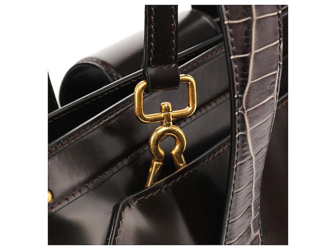 Marc Jacobs Borsa Tote in pelle verniciata marrone scuro con manico croc - vista 8