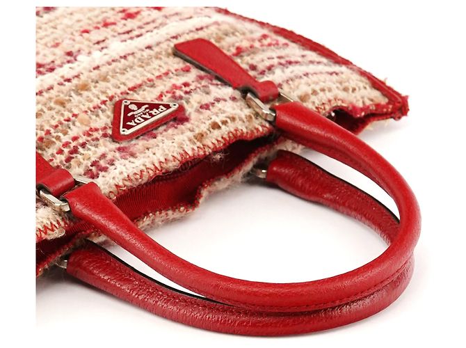 Prada Borsa Tote in tweed di lana inglese rossa e beige Autunno 2000 - vista 7