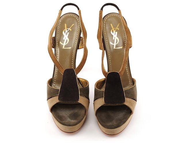 Yves Saint Laurent Sandali platform slingback in pelle scamosciata Taupe - vista 2